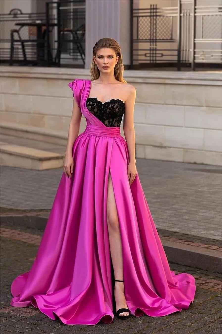 Chic Fuchsia One Shoulder Sweetheart Sleeveless A Line Prom Dress With Split