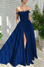 Charming Black Off the Shoulder Strapless Split Princess Long Prom Dress