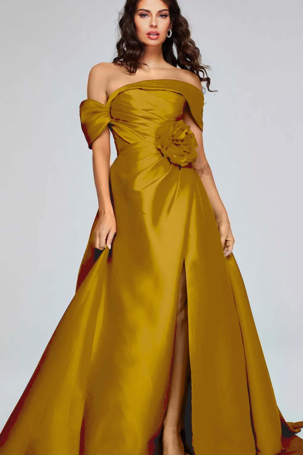Off the Shoulder Sleeveless Long Split Prom Dress With Pleated BMBRIDE