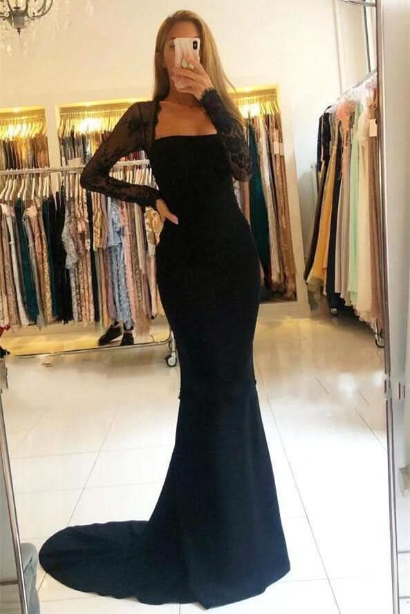 Black Long Sleeves Mermaid Lace Prom Dress BM bride