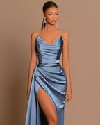 Elegant Royal Blue Long Evening Dress with Pleated Charmeuse and Slit BM bride