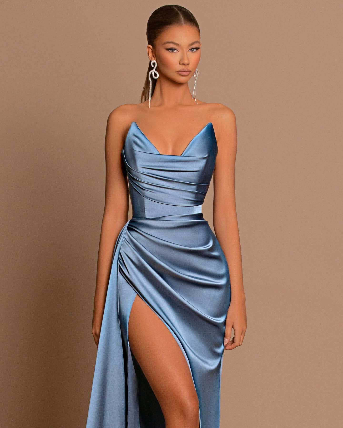 Elegant Royal Blue Long Evening Dress with Pleated Charmeuse and Slit BM bride