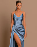 Elegant Royal Blue Long Evening Dress with Pleated Charmeuse and Slit BM bride