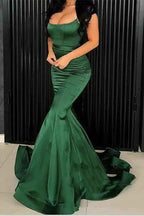 Spaghetti Strap Sleeveless Mermaid Prom Green Dress With Pleated