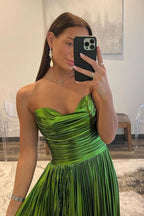 Enchanting Green Metallic Strapless Pleated A-Line Long Prom Dress BM bride