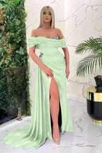 Royal Blue Off-the-Shoulder Mermaid Prom Dress with Ruffles and Split BM bride