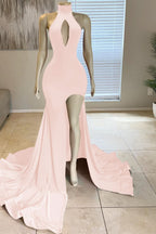 Glorious Red High-Neck Front Split Mermaid Prom Dress Online BM bride