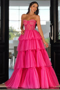Elegant Sweetheart Strapless Prom Dress Long Sleeveless Layers Hot Pink BMBRIDE