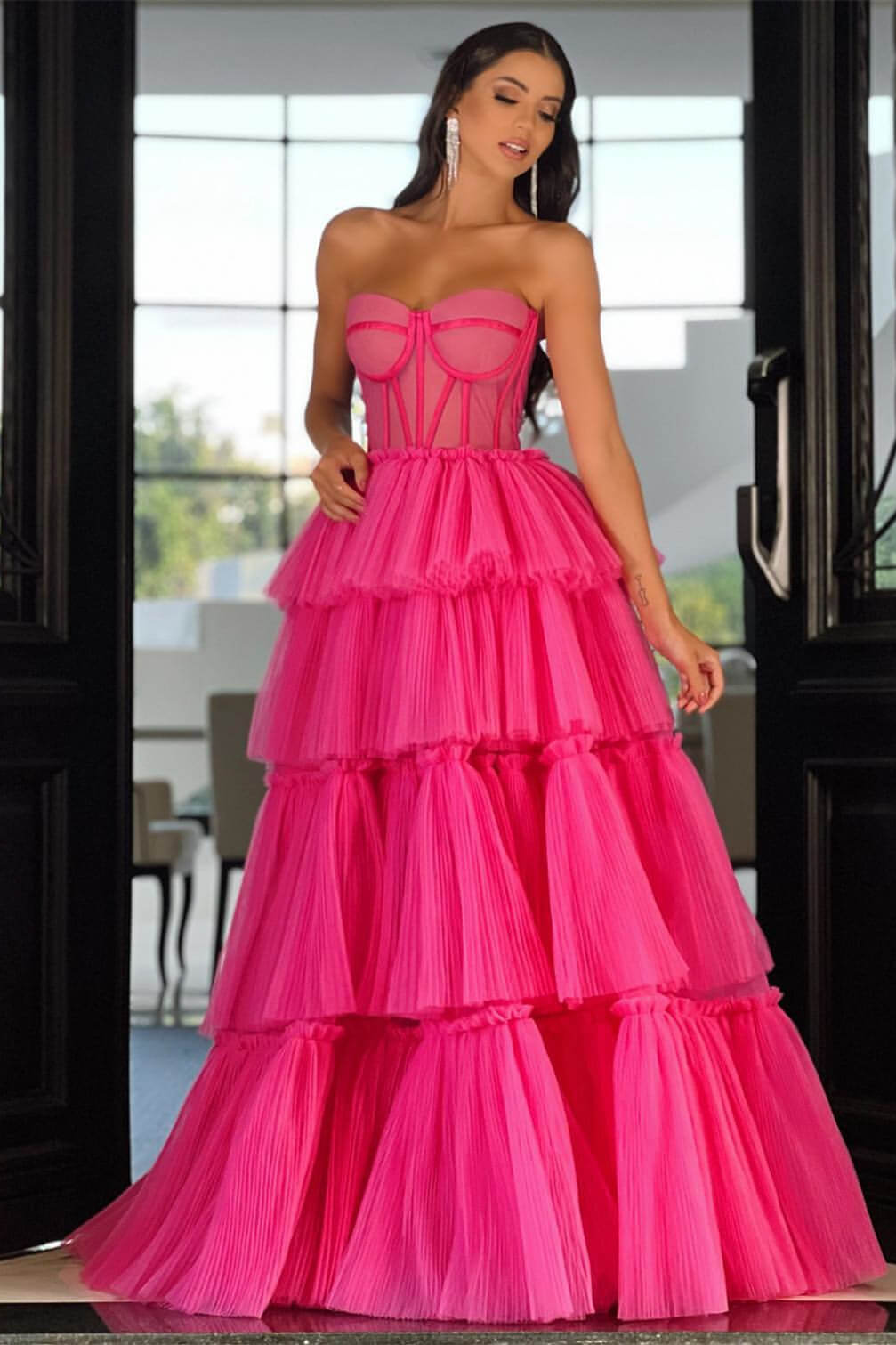 Elegant Sweetheart Strapless Prom Dress Long Sleeveless Layers Hot Pink BMBRIDE