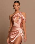 Chic Lotus Root Pink Sleeveless Strapless Evening Dress with Pleated Slit BM bride