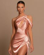 One Shoulder Sleeveless Stunning Pleated Mermaid Evening Dress With Side Split