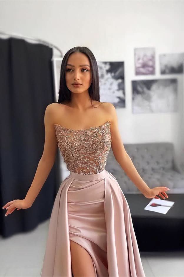 Pink Off-the-Shoulder Sleeveless Evening Dress with Applique Pleats BM bride