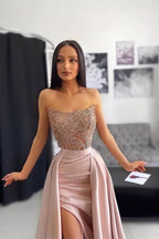 Pink Off-the-Shoulder Sleeveless Evening Dress with Applique Pleats BM bride