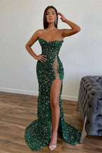 Dark Green Evening Dress with Sequins Sleeveless Slit Strapless BM bride