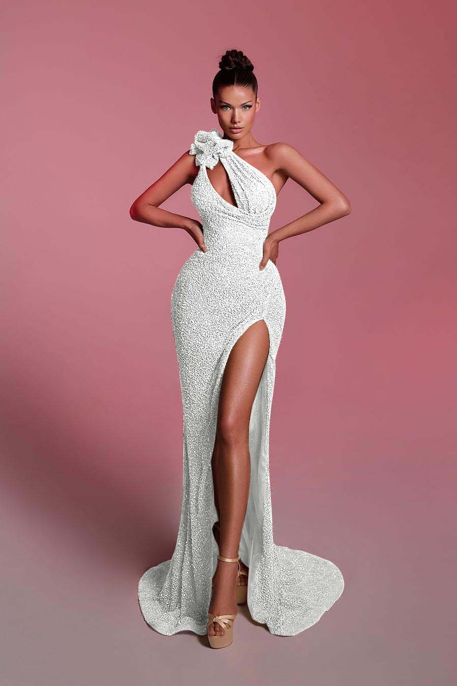 Charming Sequins One Shoulder Sleeveless Long Prom Dress With Front Split