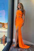 Orange One Shoulder Sleeveless Long Pleated Prom Dress With Split