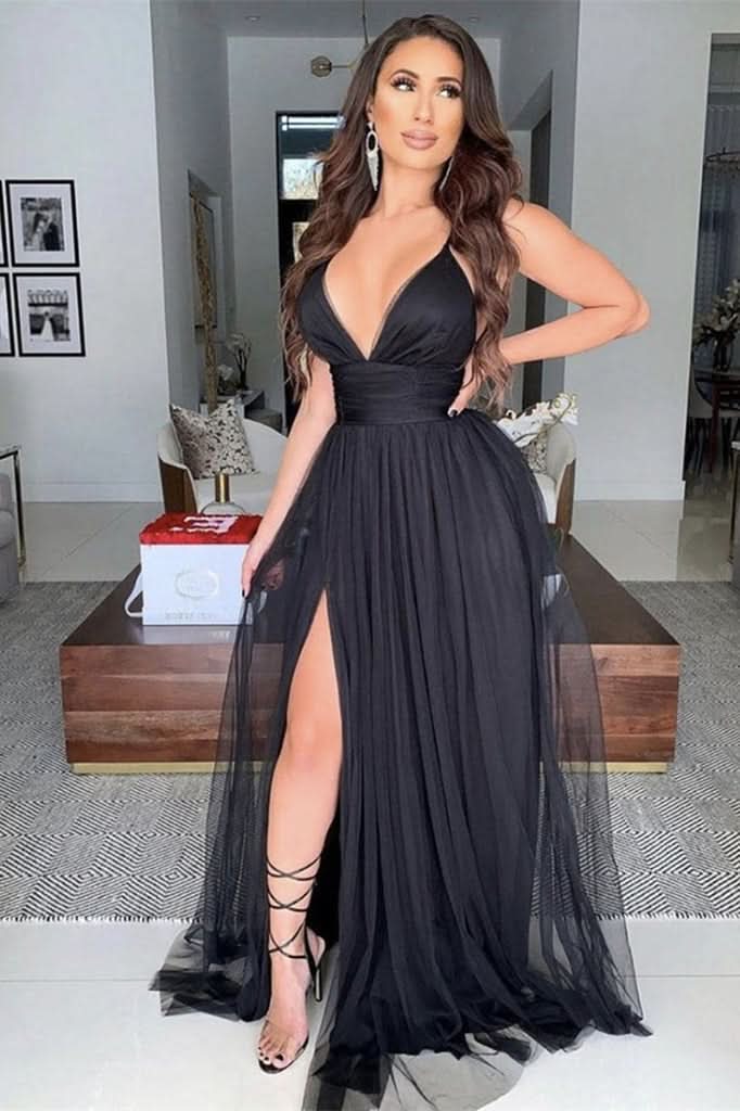 Black V-Neck Prom Dress with Split BM bride