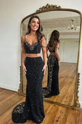 Black Spaghetti Strap Two Pieces Long Mermaid Prom Dress with Beads BM bride