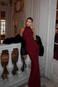 Red High Neck Sleeveless Mermaid Long Prom Dress With Sequins BMBRIDE