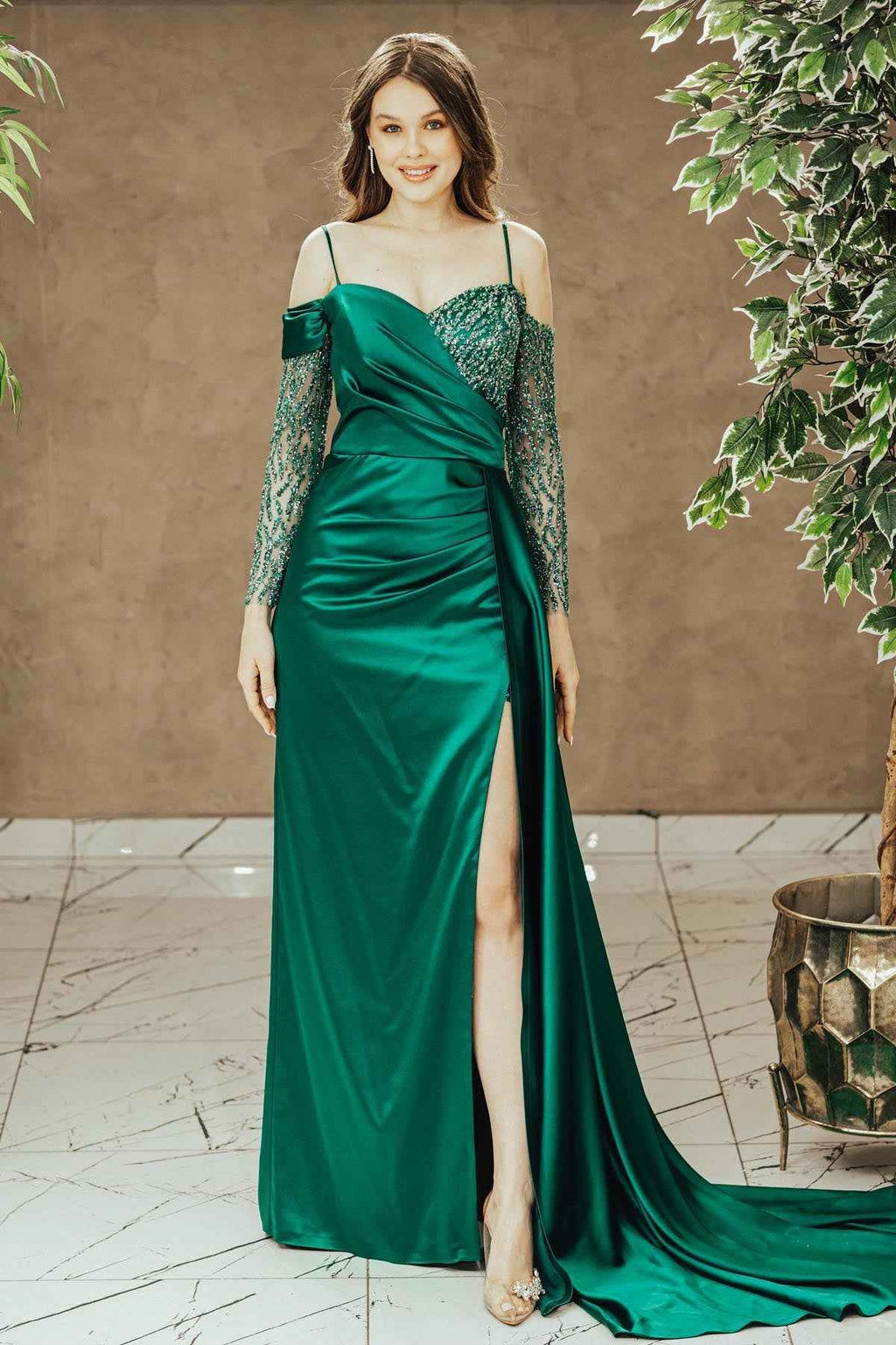 Emerald Spaghetti Strap Off the Shoulder Sequins Prom Dress With Split Pleated