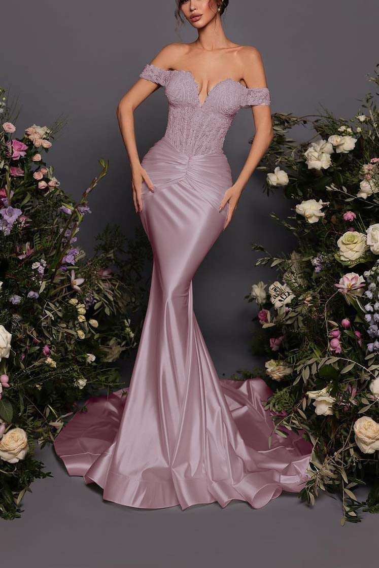 Off The Shoulder Sleeveless Long Mermaid Prom Dress With Pleated BMBRIDE