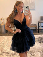 Deep V Neck Tiered A-Line Short Homecoming Dress BM bride