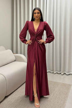 Deep V Neck Long Sleeves Long Prom Dress With Split Pleated