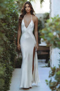 Halter Deep V Neck Sleeveless Backless Long Split Prom Dress