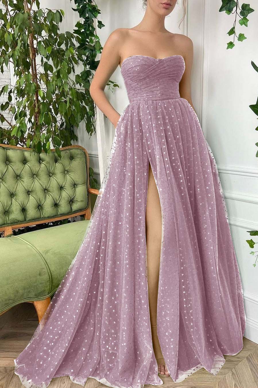 Tulle Sleeveless Strapless Long Split Prom Dress With Pleated
