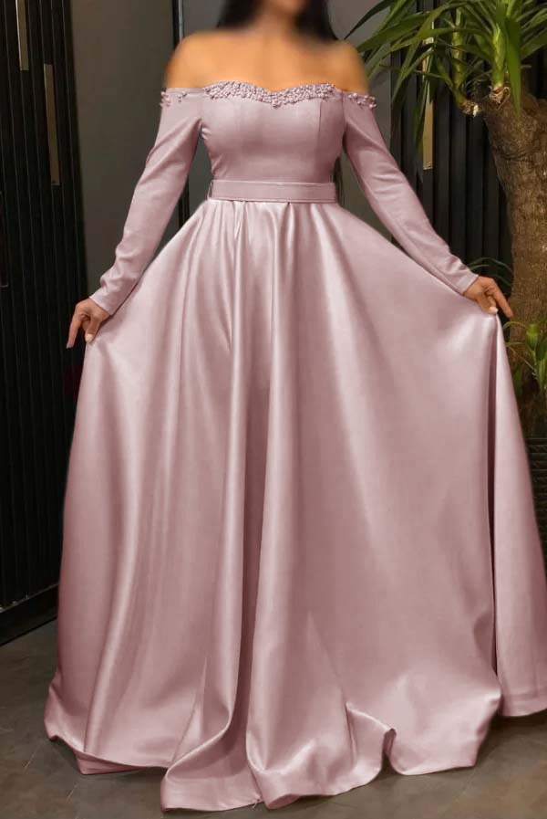 Off the Shoulder Long Sleeves Long Prom Dress With Pleated Beading BMBRIDE