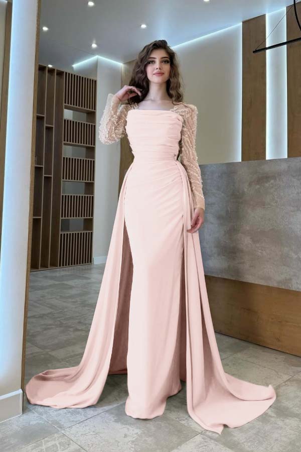 Long Sleeves Square Neck Long Mermaid Prom Dress With Pleated BMBRIDE