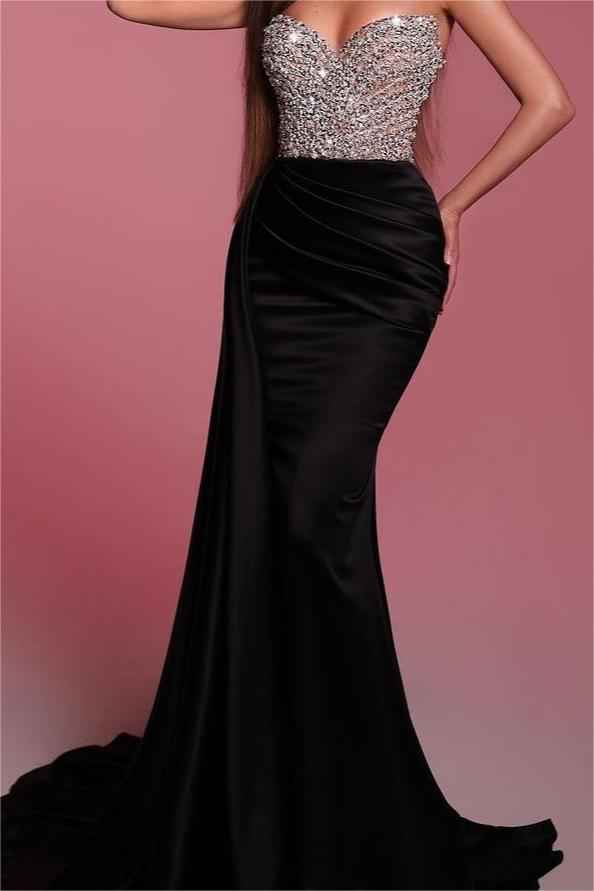 Black Strapless Sleeveless Pleated Mermaid Prom Dress With Bead Embroidery