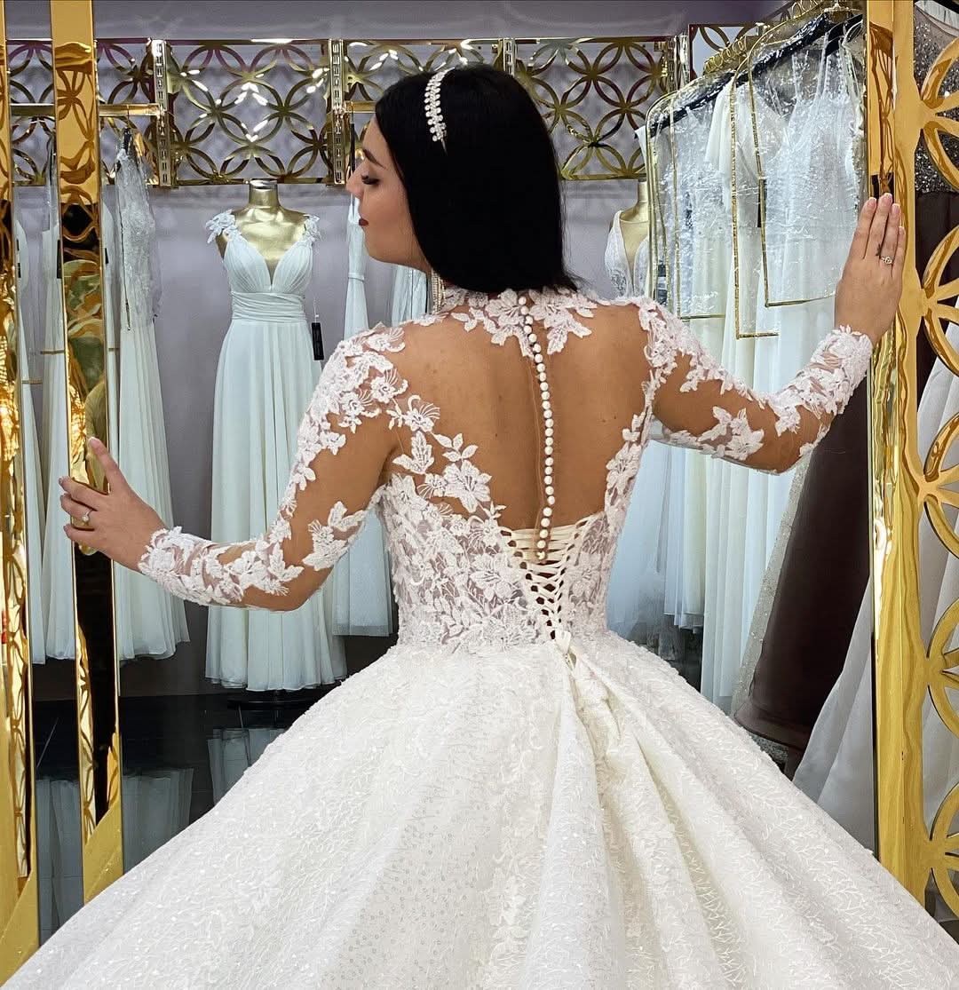 High Neck Jewel Long Sleeve Wedding Dress with Lace Appliques BM bride