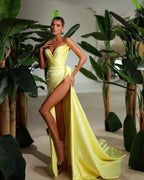 Luminous Yellow Strapless Long Evening Dress with High Slit, Pleats, and Beads BM bride