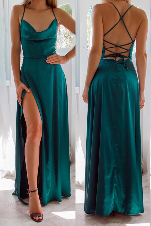 Dark Green Strapless Spaghetti-Strap Front Split Evening Dress Online BM bride