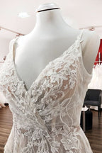 Long A-line Wedding Dress Backless Lace With Tulle V-neck BM bride