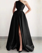 Burnt Orange One Shoulder Elegant Prom Dress A-Line Split with Pockets BM bride