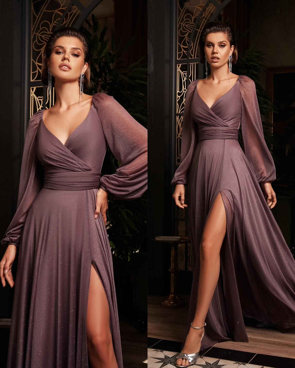 Charming Grape Long Sleeves V Neck Split Prom Dress With Sequins
