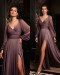 Charming Grape Long Sleeves V Neck Split Prom Dress With Sequins