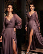 Charming Grape Long Sleeves V Neck Split Prom Dress With Sequins