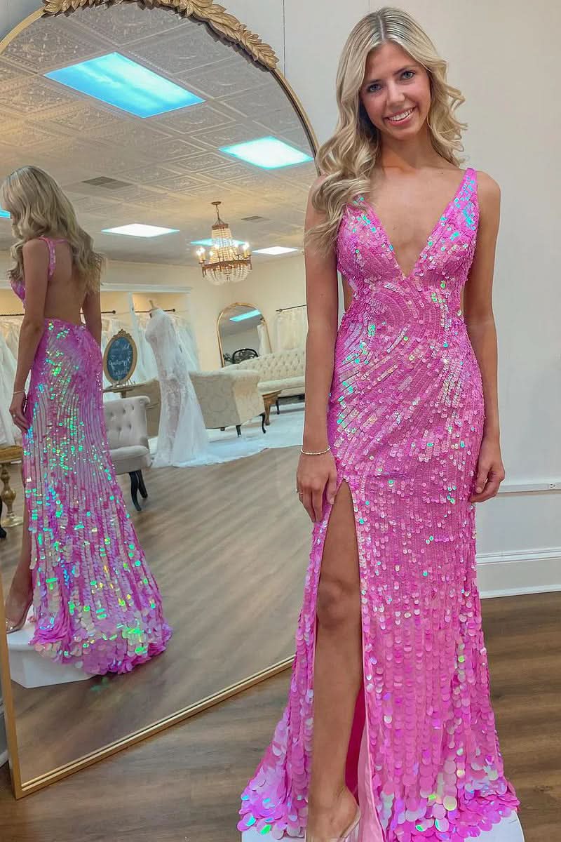 Long V Neck Pink Sequins Prom Dress with Backless Sleeveless Design and High Slit Gown for a Fashionable Look BM bride