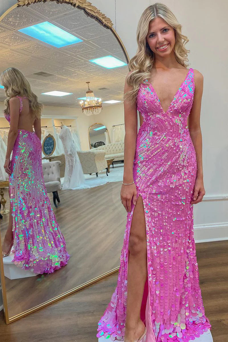 Long V Neck Pink Sequins Prom Dress with Backless Sleeveless Design and High Slit Gown for a Fashionable Look BM bride