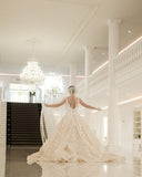 Sexy A-Line Deep V-Neck Spaghetti Strap Floor-Length Backless Wedding Dress with Lace Appliques BM bride