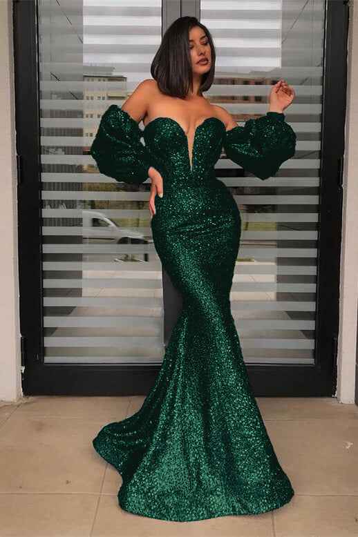 Detachable Sleeves Black Strapless Sweetheart Sequins Prom Dress Mermaid