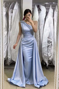 Light Blue One-Shoulder Sleeveless Long Mermaid Prom Dress with Detachable Skirt BM bride