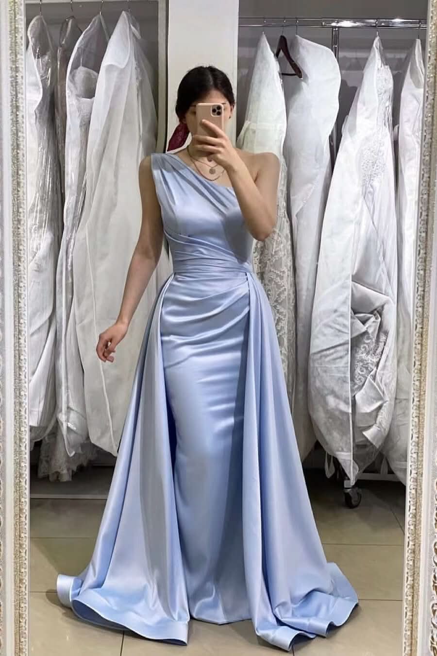 Light Blue One-Shoulder Sleeveless Long Mermaid Prom Dress with Detachable Skirt BM bride