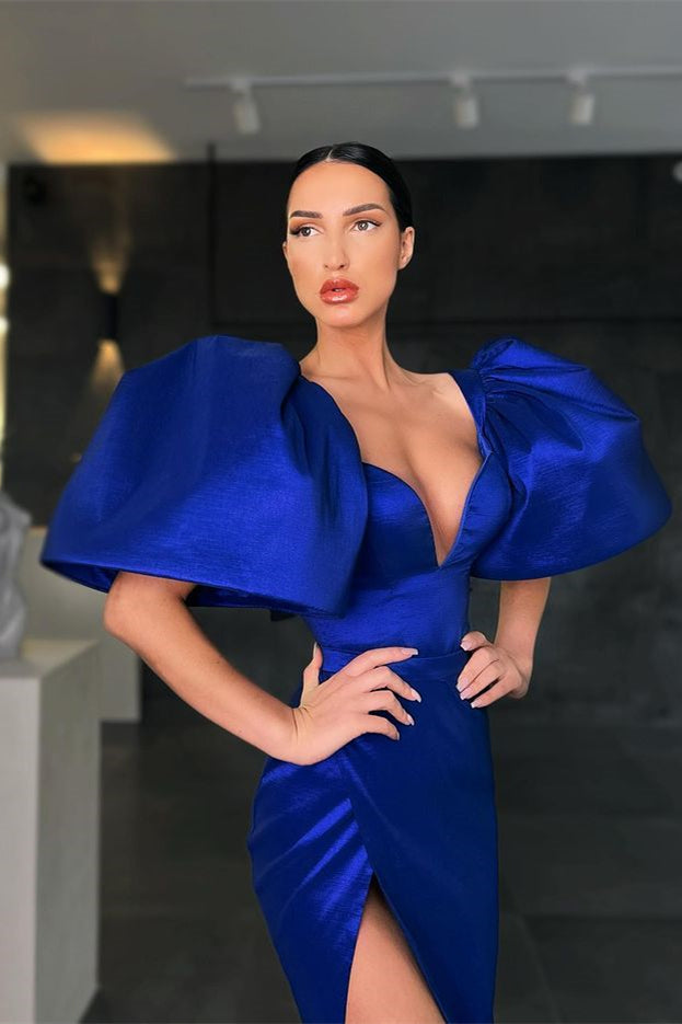 Charming Mermaid Royal Blue V Neck Pleated Long Prom Dress With High Split BMBRIDE