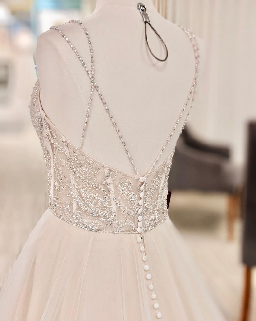 A-line Backless Long Wedding Dress With Pearl V-neck BM bride