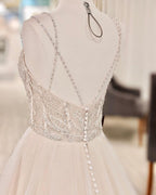 A-line Backless Long Wedding Dress With Pearl V-neck BM bride