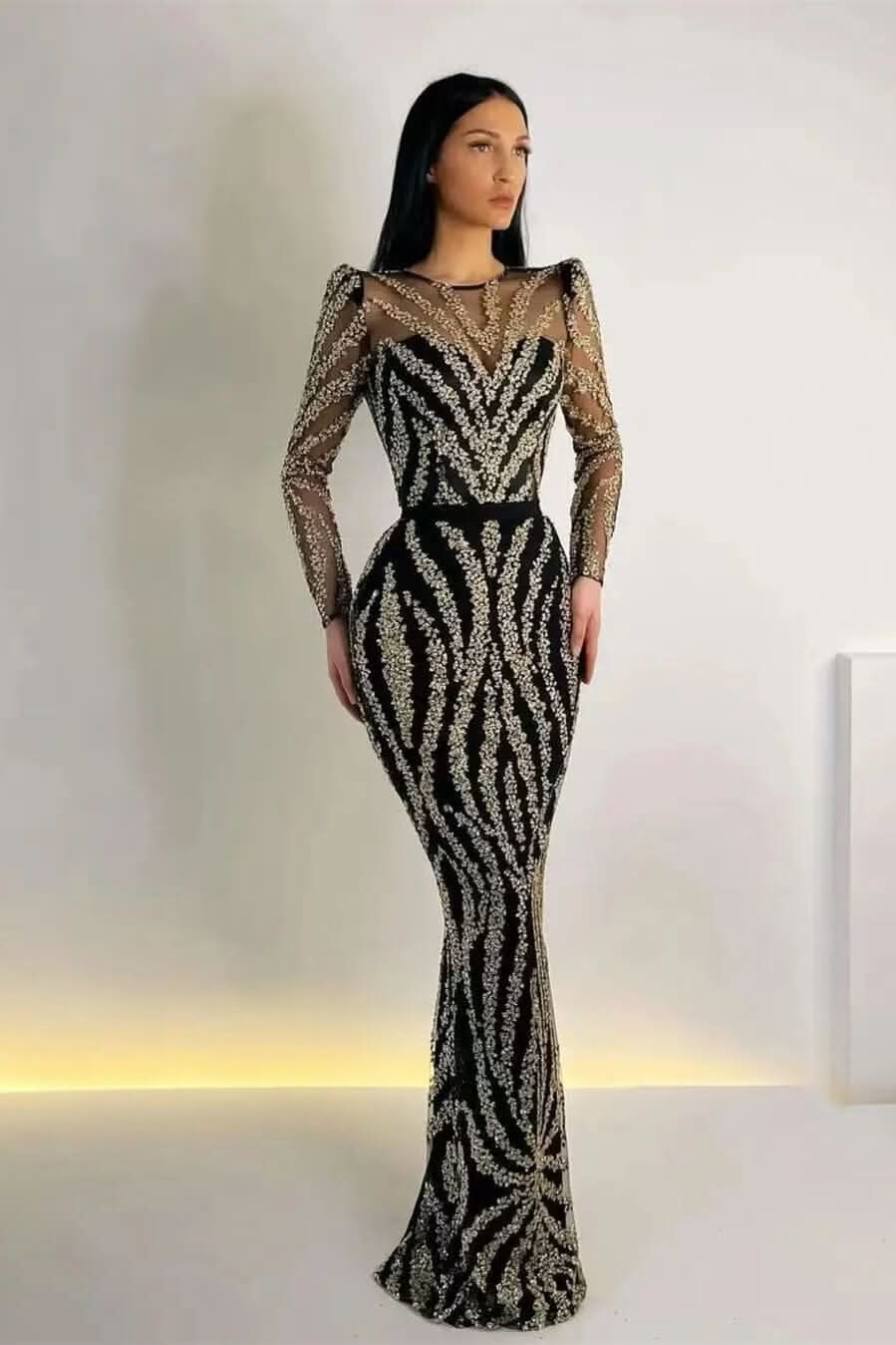 Black Long Sleeve Appliqued Mermaid Prom Dress with Detachable Ruffles BM bride